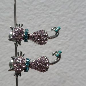 Pink Blue Gemstone Bejeweled Bobble Head Cat Dangle Post Earrings